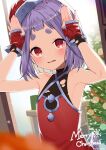  1girl armpits bare_shoulders blurry blurry_foreground blush christmas christmas_tree copyright_request dress gloves half_gloves highres indoors merry_christmas motto_notto purple_hair red_eyes short_eyebrows short_hair solo twitter_username upper_body 