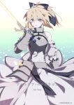  1girl armor armored_dress artoria_pendragon_(all) black_bow blonde_hair blue_sky bow breastplate caliburn dress eyebrows_visible_through_hair fate/grand_order fate/unlimited_codes fate_(series) faulds floating_hair gauntlets green_eyes hair_between_eyes hair_bow hands_on_hilt highres long_hair looking_at_viewer outdoors petals ponytail saber_lily signature sleeveless sleeveless_dress smile solo standing white_dress 