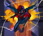  1boy black_bodysuit blue_jacket bodysuit chyoel covered_face explosion full_body highres hood hood_up hooded_jacket jacket jumping long_sleeves male_focus marvel miles_morales outstretched_arms solo spider-man spider-man:_into_the_spider-verse spider-man_(series) spider_web_print spread_arms superhero 