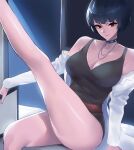  1girl bangs black_hair black_swimsuit blunt_bangs breasts choker coat feet_out_of_frame jewelry labcoat large_breasts leg_up necklace open_clothes open_coat persona persona_5 red_eyes red_nails spiked_choker spikes studded_choker swimsuit takemi_tae tommy_(kingdukeee) 
