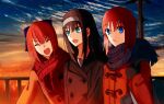  &gt;o&lt; 3girls black_gloves blue_eyes blue_sky breath brown_hair brown_jacket buttons closed_eyes clouds double-breasted evening gloves highres hisui_(tsukihime) jacket kohaku_(tsukihime) long_hair looking_at_viewer multiple_girls open_mouth pikaremon raised_eyebrows red_jacket redhead scarf short_hair siblings sisters sky smile teeth tohno_akiha tsukihime upper_body utility_pole winter 