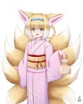  1girl :d absurdres animal_ear_fluff animal_ears arknights bangs blue_hairband braid eyebrows_visible_through_hair floral_print fox_ears fox_girl fox_tail green_eyes hair_between_eyes hair_rings hairband highres holding japanese_clothes kimono kinchaku kyuubi light_brown_hair long_sleeves looking_at_viewer multicolored_hair multiple_tails obi pink_kimono pouch print_kimono rylaera sash signature simple_background smile solo suzuran_(arknights) tail twin_braids two-tone_hair white_background white_hair wide_sleeves 