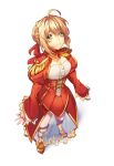  1girl aestus_estus ahoge blonde_hair braid breasts cleavage commentary_request dress epaulettes fate/extra fate/grand_order fate_(series) french_braid gata_tear green_eyes hair_intakes hair_ribbon juliet_sleeves large_breasts long_sleeves nero_claudius_(fate) nero_claudius_(fate)_(all) puffy_sleeves red_dress red_ribbon ribbon saber_extra see-through solo sword wide_sleeves 