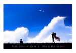  1boy 1girl aozaki_aoko blue_sky border clouds copyright_name grass highres knees_to_chest long_hair looking_at_viewer pikaremon silhouette sky tohno_shiki tsukihime very_long_hair white_border younger 