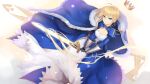  1girl ahoge artoria_pendragon_(all) blonde_hair blue_ribbon breasts cleavage_cutout clothing_cutout excalibur_(fate/stay_night) fate/grand_order fate/stay_night fate_(series) green_eyes hair_bun hair_ribbon himekatari holding holding_weapon juliet_sleeves long_sleeves medium_breasts puffy_sleeves ribbon saber solo sword weapon 