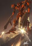  armored_core dual_wielding firing glowing gun highres holding holding_gun holding_weapon hukutuuprunes looking_down mecha motion_blur no_humans science_fiction signature solo weapon 