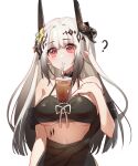  1girl ? absurdres arknights bare_shoulders bikini black_bikini black_choker breasts bubble_tea choker commentary_request cup disposable_cup drinking drinking_straw flower hair_flower hair_ornament head_tilt highres horns infection_monitor_(arknights) large_breasts long_hair looking_at_viewer mudrock_(arknights) mudrock_(silent_night)_(arknights) navel oripathy_lesion_(arknights) pointy_ears red_eyes silver_hair simple_background solo stomach swimsuit upper_body white_background xiazi 