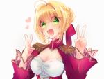  1girl aestus_estus ahoge blonde_hair braid breasts cleavage commentary_request dress epaulettes fate/extra fate/grand_order fate_(series) french_braid green_eyes hair_intakes hair_ribbon juliet_sleeves large_breasts long_sleeves nero_claudius_(fate) nero_claudius_(fate)_(all) puffy_sleeves red_dress red_ribbon ribbon saber_extra see-through solo suzuhara_89b wide_sleeves 