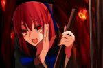  1girl :3 bamboo_broom blue_bow blush_stickers bow broom hair_bow hand_up highres kohaku_(tsukihime) long_hair looking_at_viewer pikaremon redhead smile solo torch tsukihime upper_body wide_sleeves 