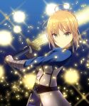  1girl ahoge artoria_pendragon_(all) blonde_hair blue_ribbon breasts cleavage_cutout clothing_cutout excalibur_(fate/stay_night) fate/grand_order fate/stay_night fate_(series) green_eyes hair_bun hair_ribbon holding holding_weapon juliet_sleeves kuzaki002 long_sleeves medium_breasts puffy_sleeves ribbon saber solo sword weapon 