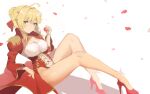  1girl aestus_estus ahoge blonde_hair braid breasts cleavage commentary_request dress epaulettes fate/extra fate/grand_order fate_(series) french_braid green_eyes hair_intakes hair_ribbon hyo_(pixiv33633368) juliet_sleeves large_breasts long_sleeves nero_claudius_(fate) nero_claudius_(fate)_(all) puffy_sleeves red_dress red_ribbon ribbon saber_extra see-through solo wide_sleeves 
