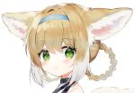  1girl animal_ears arknights bangs blonde_hair braid child close-up closed_mouth collar commentary_request dress eyebrows_visible_through_hair face fox_ears fox_tail from_side green_eyes head_tilt headband highres light_blush light_smile looking_at_viewer off_shoulder simple_background solo suzuran_(arknights) tail toufu_mentaru_zabuton white_background white_hair 