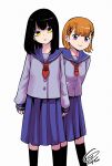  2girls :&gt; alternate_costume black_hair hair_ornament hairclip highres izumi_(toubun_kata) looking_at_viewer medium_hair mieruko-chan multiple_girls official_art orange_hair pleated_skirt school_uniform serafuku simple_background skirt standing violet_eyes white_background yellow_eyes yotsuya_miko younger yurikawa_hana 