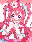  1girl :d blush choker commentary_request cure_precious delicious_party_precure earrings eyelashes hair_ornament hair_ribbon happy highres jewelry long_hair magical_girl nagomi_yui open_mouth pink_choker pink_hair pink_theme precure ribbon simple_background sketch smile solo umi_chu violet_eyes 