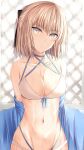  1girl ahoge ass_visible_through_thighs bikini blue_ribbon blush breasts collarbone fate/grand_order fate_(series) hair_ribbon haku_b83 highres katana looking_at_viewer medium_breasts navel okita_souji_(fate)_(all) okita_souji_(swimsuit_assassin)_(fate) over_shoulder pink_hair platinum_blonde_hair ribbon short_hair smile solo swimsuit thighs yellow_eyes 