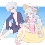  ! 1boy 1girl brother_and_sister bubble_tea cup disposable_cup drink drinking_straw hat hood hoodie male_swimwear messy_hair mt.somo one-piece_swimsuit pink_swimsuit red_eyes sandals shadowverse shadowverse_(anime) siblings silver_hair smile sun_hat swim_trunks swimsuit twintails yonazuki_luca yonazuki_shiori 