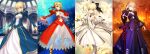  4girls aestus_estus ahoge artoria_pendragon_(all) black_dress black_ribbon blonde_hair blue_dress blue_ribbon braid breasts cleavage cleavage_cutout commentary_request detached_sleeves dress epaulettes eyebrows_visible_through_hair fate/extra fate/grand_order fate/stay_night fate_(series) flower french_braid green_eyes hair_between_eyes hair_intakes hair_ribbon holding_sword holding_weapon juliet_sleeves large_breasts light_particles long_sleeves looking_at_viewer nero_claudius_(fate) nero_claudius_(fate)_(all) official_art open_eyes open_mouth outstretched_hand pantyhose parted_lips puffy_sleeves red_dress red_ribbon ribbon saber saber_alter saber_extra saber_lily see-through short_hair smile solo sword takeuchi_takashi upscaled waifu2x weapon white_dress wide_sleeves yellow_eyes 