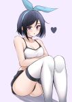  1girl absurdres armpit_crease ass bare_arms bare_shoulders black_choker black_eyes black_hair black_shorts breasts camisole choker crop_top hair_ribbon heart highres knees_up kori_(parfait_ehmy) looking_at_viewer medium_breasts midriff original parfait_ehmy parted_lips purple_background ribbon shirt short_hair short_shorts shorts simple_background sitting sleeveless sleeveless_shirt solo spaghetti_strap thigh-highs white_legwear white_shirt 