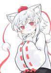  1girl animal_ear_fluff animal_ears bangs closed_mouth eyebrows_visible_through_hair grey_hair hands_in_opposite_sleeves hat highres inubashiri_momiji kibisake looking_at_viewer pom_pom_(clothes) red_eyes red_headwear ribbon-trimmed_sleeves ribbon_trim shirt short_eyebrows short_hair simple_background smile solo tokin_hat touhou white_background white_shirt wide_sleeves wolf_ears 