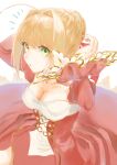  1girl aestus_estus ahoge blonde_hair braid breasts cleavage commentary_request dress epaulettes fate/extra fate/grand_order fate_(series) french_braid green_eyes hair_intakes hair_ribbon juliet_sleeves large_breasts long_sleeves nero_claudius_(fate) nero_claudius_(fate)_(all) puffy_sleeves red_dress red_ribbon ribbon saber_extra see-through solo wide_sleeves yukihituji_hipu 