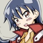  1girl :d bangs collared_shirt dated dress_shirt duel_academy_uniform_(yu-gi-oh!_gx) eyebrows_visible_through_hair floating_hair hair_between_eyes jacket long_hair open_clothes open_jacket open_mouth pink_background purple_hair red_jacket saotome_rei shiny shiny_hair shirt signature sleeveless sleeveless_jacket sleeveless_shirt smile solo sweater upper_body very_long_hair vitadro wing_collar yellow_shirt yellow_sweater yu-gi-oh! yu-gi-oh!_gx yuu-gi-ou yuu-gi-ou_gx 