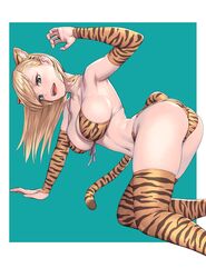  1girl animal_ears animal_print armpits ass bikini blonde_hair blue_bag breasts chinese_zodiac commentary_request copyright_request detached_sleeves fake_animal_ears green_eyes highres kneeling large_breasts looking_at_viewer navel open_mouth print_bikini print_legwear smile solo striped_tail swimsuit tail teeth thigh-highs tiger_ears tiger_print tiger_tail two-tone_background upper_teeth white_background year_of_the_tiger yellow_bikini yellow_legwear yuuji_(and) 