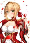  1girl aestus_estus ahoge blonde_hair braid breasts cleavage commentary_request dress epaulettes fate/extra fate/grand_order fate_(series) french_braid green_eyes hair_intakes hair_ribbon juliet_sleeves large_breasts long_sleeves mirutyans nero_claudius_(fate) nero_claudius_(fate)_(all) puffy_sleeves red_dress red_ribbon ribbon saber_extra see-through solo sword weapon wide_sleeves 