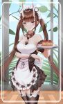  1girl absurdres azur_lane bangs barefoot between_breasts black_skirt blunt_bangs breasts brown_hair closed_mouth commentary_request cowboy_shot cross-laced_clothes detached_collar detached_sleeves eyebrows_visible_through_hair food framed frilled_skirt frills garter_straps heart highres holding holding_plate horns konparu_uran leaf long_sleeves looking_back maid maid_headdress medium_breasts noshiro_(azur_lane) noshiro_(hold_the_ice)_(azur_lane) official_alternate_costume oni_horns pancake petite plate sidelocks skirt smile solo standing thigh-highs twintails violet_eyes 