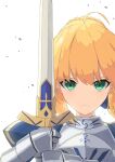  1girl ahoge artoria_pendragon_(all) blonde_hair blue_ribbon breasts cleavage_cutout clothing_cutout excalibur_(fate/stay_night) fate/grand_order fate/stay_night fate_(series) g4_(pixiv25239847) green_eyes hair_bun hair_ribbon holding holding_weapon juliet_sleeves long_sleeves medium_breasts puffy_sleeves ribbon saber solo sword weapon 