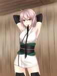  1girl absurdres black_ribbon black_scarf blush cherry_blossoms fate/grand_order fate_(series) from_side hair_ribbon hand_in_hair highres japanese_clothes kimono koha-ace nge obi okita_souji_(fate) okita_souji_(fate)_(all) okita_souji_(koha/ace) outside_border ribbon sash scarf short_hair sleeveless sleeveless_kimono smile solo upper_body 