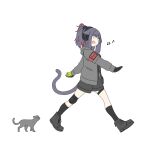  1girl :d animal animal_ears arknights bangs beamed_eighth_notes black_footwear black_gloves black_hair black_legwear black_shorts blunt_bangs boots cat cat_ears cat_girl cat_tail closed_eyes commentary eighth_note english_commentary eyebrows_visible_through_hair gloves green_gloves grey_jacket headphones hood hood_down hooded_jacket jacket jessica_(arknights) kofucchi multicolored_hair musical_note open_clothes open_jacket ponytail redhead short_shorts shorts simple_background smile socks solo streaked_hair tail walking white_background 