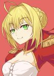  1girl aestus_estus ahoge blonde_hair braid breasts cleavage commentary_request dress epaulettes fate/extra fate/grand_order fate_(series) french_braid green_eyes hair_intakes hair_ribbon juliet_sleeves large_breasts long_sleeves nero_claudius_(fate) nero_claudius_(fate)_(all) puffy_sleeves red_dress red_ribbon ribbon saber_extra see-through solo upsilon3219 wide_sleeves 