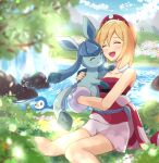  1girl :d bangs beautifly blonde_hair blurry blush budew clouds collar collarbone commentary_request day glaceon grass happy haru_(haruxxe) highres holding holding_pokemon irida_(pokemon) lens_flare open_mouth outdoors piplup pokemon pokemon_(creature) pokemon_(game) pokemon_legends:_arceus red_shirt rock sash shirt shorts sitting sky smile strapless strapless_shirt teeth tongue upper_teeth water waterfall white_shorts 