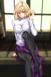  1girl arcueid_brunestud arm_support arms_up backlighting black_footwear blonde_hair breasts highres iro_(sekaixiro) large_breasts looking_at_viewer pantyhose purple_skirt red_eyes short_hair sitting skirt smile solo sweater thighs tsukihime turtleneck type-moon white_sweater 