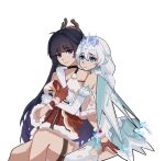  2girls antlers bangs blue_eyes braid christmas closed_mouth crown dress earrings elbow_gloves fake_horns gloves headband highres honkai_(series) honkai_impact_3rd horns hug hug_from_behind jewelry kiana_kaslana kiana_kaslana_(divine_prayer) long_hair multiple_girls purple_hair raiden_mei red_dress red_gloves simple_background sleeveless sleeveless_dress smile thigh-highs twin_braids violet_eyes white_background white_dress white_hair white_legwear white_sleeves xiaoji_k 