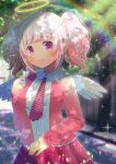  1girl angel angel_wings blurry blurry_background closed_mouth collared_shirt commission copyright_request day depth_of_field feathered_wings gradient_hair halo hand_up jacket kou_hiyoyo layered_skirt lens_flare long_sleeves looking_at_viewer mini_wings multicolored_hair open_clothes open_jacket outdoors pink_hair pink_jacket pleated_skirt red_skirt shirt skeb_commission skirt sleeves_past_wrists smile solo tree twintails violet_eyes white_hair white_shirt white_wings wings 
