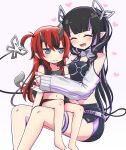  2girls bangs belt black_hair black_skirt black_tube_top blue_eyes blunt_bangs blush breasts child closed_eyes closed_mouth clothing_cutout commentary_request demon_girl demon_horns demon_tail full_body heart highres horns hug jacket kojo_anna lace_trim long_hair loose_belt medium_breasts multicolored_hair multiple_girls official_alternate_costume open_mouth orange-bird pencil_skirt pointy_ears purple_belt purple_hair redhead russian_text ryugasaki_rene shoulder_cutout shrug_(clothing) simple_background skirt smile strapless sugar_lyric sweatdrop tail tube_top two-tone_hair virtual_youtuber wavy_mouth white_background white_jacket younger 