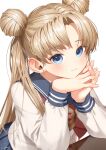  1girl bangs bishoujo_senshi_sailor_moon blue_eyes blue_sailor_collar blush closed_mouth double_bun eyebrows_visible_through_hair hands_up head_rest highres long_hair long_sleeves looking_at_viewer own_hands_together ryota_(ry_o_ta) sailor_collar sailor_senshi_uniform school_uniform serafuku shirt silver_hair simple_background solo tsukino_usagi twintails upper_body white_background white_shirt 