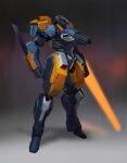  arm_blade clenched_hand energy_blade grey_background highres looking_down mecha original science_fiction shadow siku199 solo standing visor weapon 
