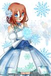  1866alliance dress flower go-toubun_no_hanayome hair_flower hair_ornament highres looking_at_viewer nakano_miku pixiv snow snowflakes solo 