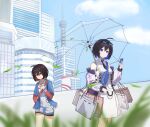  2girls absurdres bag bare_shoulders blue_jacket blue_necktie blue_sky building chel_(user_mcme3455) city closed_mouth dress dual_persona eyewear_on_head grass highres holding holding_phone holding_umbrella honkai_(series) honkai_impact_3rd hood hoodie jacket long_sleeves multiple_girls necktie open_clothes open_jacket outdoors phone purple_jacket seele_(alter_ego) seele_vollerei shopping_bag shoulder_bag sky sleeveless sleeveless_dress smile sunglasses umbrella white_dress white_hoodie 