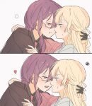  2girls bang_dream! blonde_hair blush commentary_request dated_commentary eyebrows_visible_through_hair food_in_mouth hair_over_shoulder heart multiple_girls parted_lips purple_hair red_eyes seri_(vyrlw) seta_kaoru shirasagi_chisato squiggle sweatdrop violet_eyes yuri 