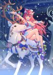  1girl :d animal_ears antlers bare_legs blue_eyes blush breasts brown_hair cat_ears full_body fur-trimmed_skirt fur_trim highres indie_virtual_youtuber ken-san kosuzu_hisae long_hair mary_janes medium_breasts miniskirt moose outstretched_arms purple_footwear saddle shoes sidesaddle sitting skirt smile snow snowflakes socks sparkle very_long_hair virtual_youtuber white_fur 