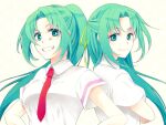  2girls absurdres blush bow bowtie breasts chiichi contrapposto green_eyes green_hair hand_on_hip highres higurashi_no_naku_koro_ni large_breasts long_hair looking_at_viewer multiple_girls necktie open_mouth pleated_skirt ponytail red_neckwear red_skirt ribbon school_uniform shirt siblings sisters skirt smile sonozaki_mion sonozaki_shion twins white_shirt yellow_ribbon 