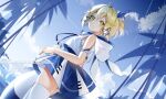  1girl alternate_costume artist_name azur_lane bare_shoulders blonde_hair blue_dress blue_ribbon blue_sky character_name dress dutch_angle green_hair hair_ribbon looking_at_viewer medium_hair ribbon sky solo southampton_(azur_lane) thigh-highs vilor white_legwear zettai_ryouiki 