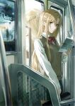  1girl advertisement asuna_(sao) book brown_eyes brown_hair highres long_hair school_uniform skirt solo standing subway sword_art_online 