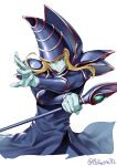  1boy blonde_hair blue_eyes closed_mouth colored_skin dark_magician duel_monster ebifurya green_skin hat highres holding holding_staff male_focus serious simple_background solo staff upper_body white_background wizard_hat yu-gi-oh! yu-gi-oh!_duel_monsters yuu-gi-ou yuu-gi-ou_duel_monsters 