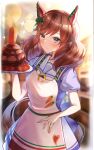  1girl absurdres animal_ears apron blurry blurry_background blush brown_eyes carrot commentary food highres horse_ears horse_girl horse_tail kaku_yone nice_nature_(umamusume) plate redhead school_uniform smile tail tracen_school_uniform umamusume 