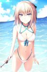  1girl ahoge ass_visible_through_thighs bikini blue_ribbon blush bracelet breasts collarbone fate/grand_order fate_(series) hair_ribbon haku_b83 highres katana looking_at_viewer medium_breasts navel ocean okita_souji_(fate)_(all) okita_souji_(swimsuit_assassin)_(fate) over_shoulder pink_hair platinum_blonde_hair ribbon short_hair smile solo swimsuit thighs yellow_eyes 