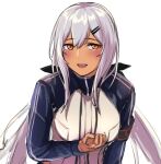  1girl 3_small_spiders bangs blush dark-skinned_female dark_skin eyebrows_visible_through_hair girls_frontline hair_ornament hairclip highres leaning_forward long_hair looking_at_viewer m590_(girls&#039;_frontline) open_mouth orange_eyes silver_hair smile solo tactical_clothes upper_body white_background 